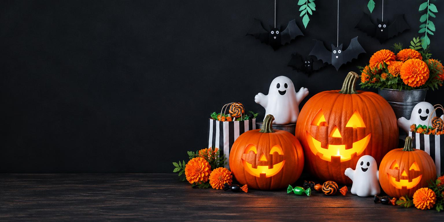 Glowing Halloween pumpkins, friendly ghosts and hanging bats